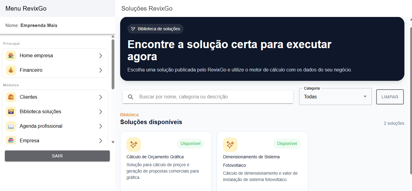 Biblioteca de soluções RevixGo Business